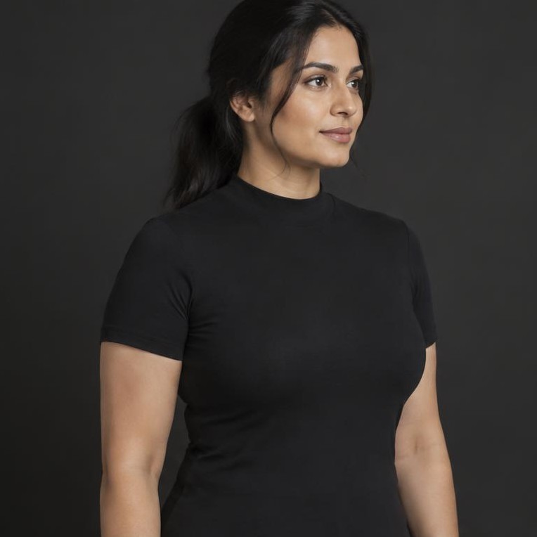 AI-generated illustration: Fully clothed upper torso and proportions; not a patient result