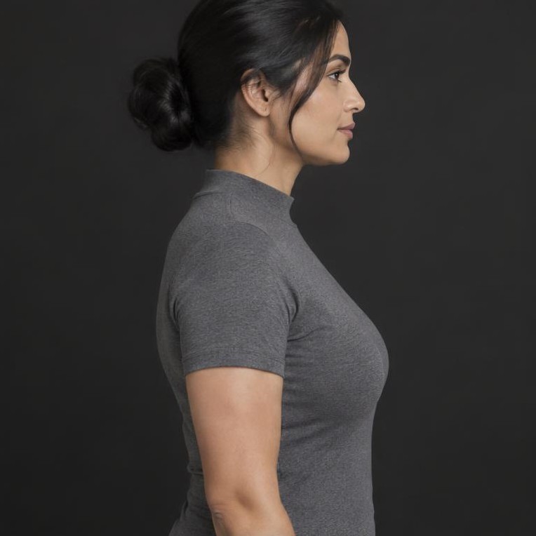 AI-generated illustration: Fully clothed upper torso in profile; not a patient result