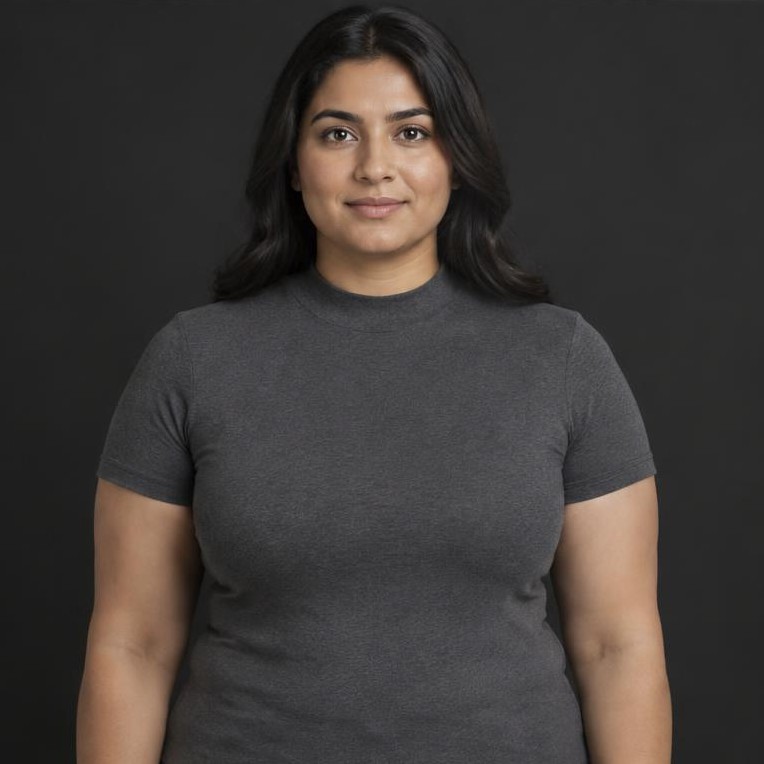 AI-generated illustration: Fully clothed upper torso with fuller proportions; not a patient result