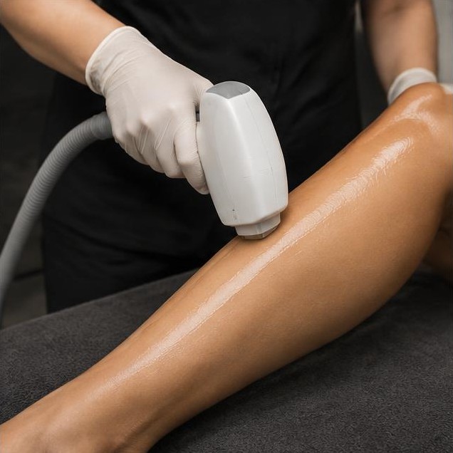 AI-generated illustration: Illustrative laser hair treatment on a lower leg; not a patient result