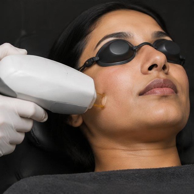 AI-generated illustration: Illustrative laser skincare with protective eyewear; not a patient result