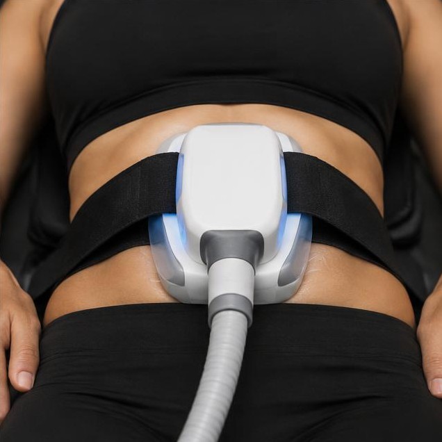 AI-generated illustration: Illustrative non-invasive abdominal contouring applicator; not a patient result